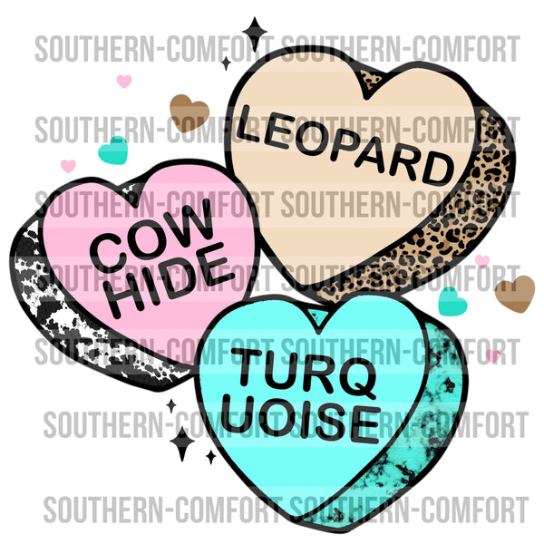 Leopard cowhide turquoise conversation hearts PNG