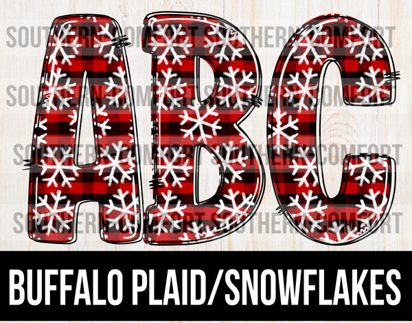 Buffalo plaid/snowflakes alphabet commercial elements